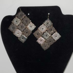 Big Wire Mesh Dangle Diamond Shaped Chandelier Pierced Earrings Silver Black 2"